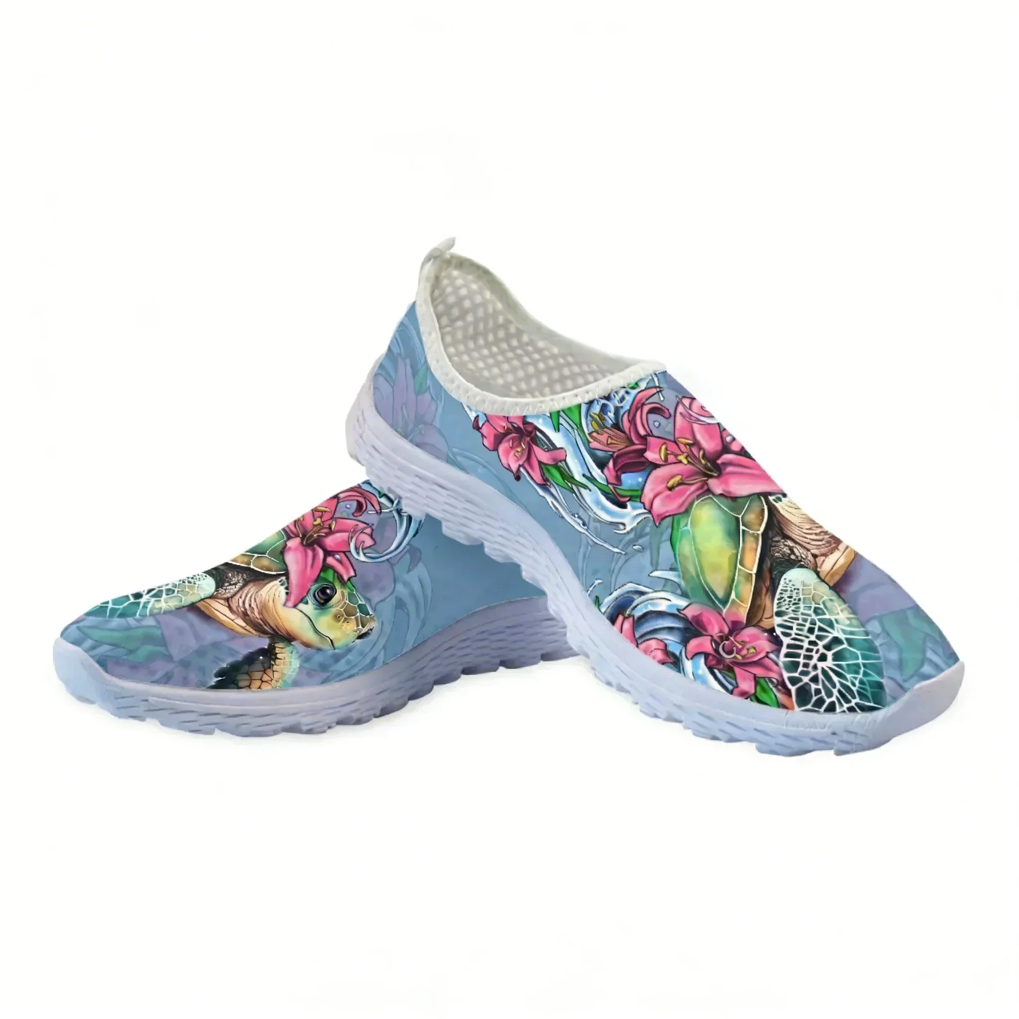 Women Shoes Tennis - Polinezya Kaplumbağa Hibiscus Baskılı File Yüksek