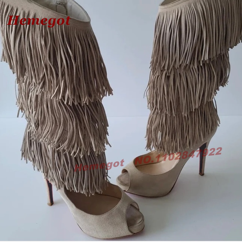 Knee High Boots Women - Katmanlı Saçaklı Açık Burunlu Yüksek Topuklu