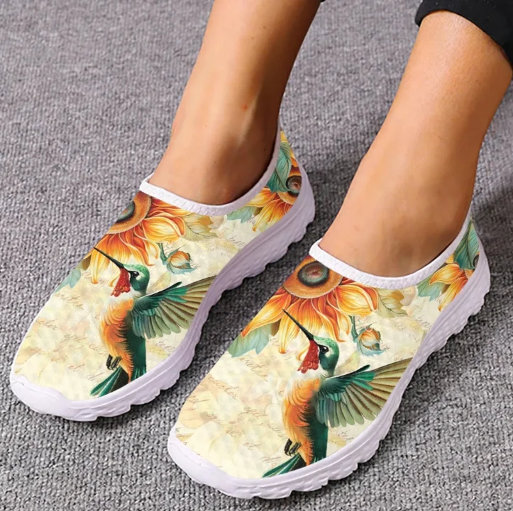 Women Shoes Tennis - Sinekkuşu Ayçiçeği Baskılı Loafer'lar Kuş Desenli